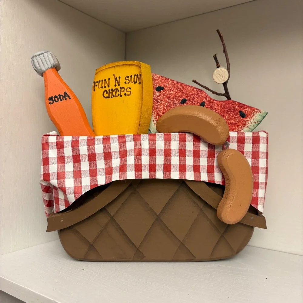 The Pepper Tree Connection Wooden Picnic Basket Folk Art Decor Summer Display